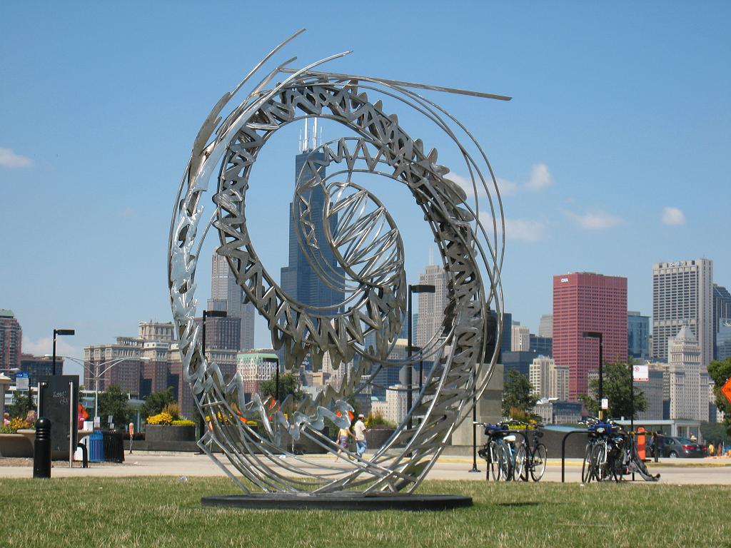 IMG_8912.JPG - Sears Tower behind sculpture at Adler Planetarium