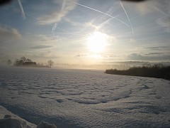 House in the snowy and foggy landscape