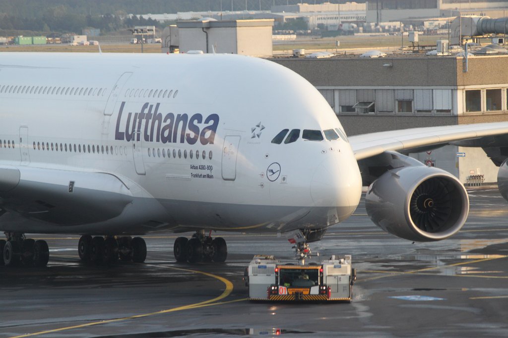 Lufthansa  http://en.wikipedia.org/wiki/Lufthansa  Airbus 380  http://en.wikipedia.org/wiki/Airbus_A380  "Frankfurt am Main" taxing to the gate at Frankfurt Airport  http://en.wikipedia.org/wiki/Frankfurt_Airport
