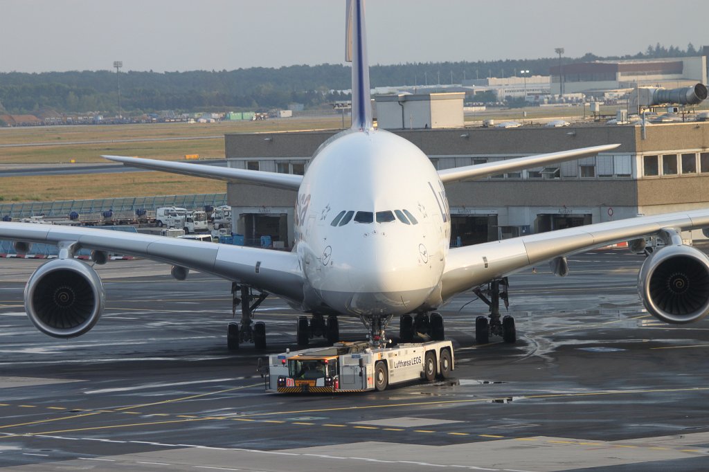 Lufthansa  http://en.wikipedia.org/wiki/Lufthansa  Airbus 380  http://en.wikipedia.org/wiki/Airbus_A380  "Frankfurt am Main" taxing to the gate at Frankfurt Airport  http://en.wikipedia.org/wiki/Frankfurt_Airport