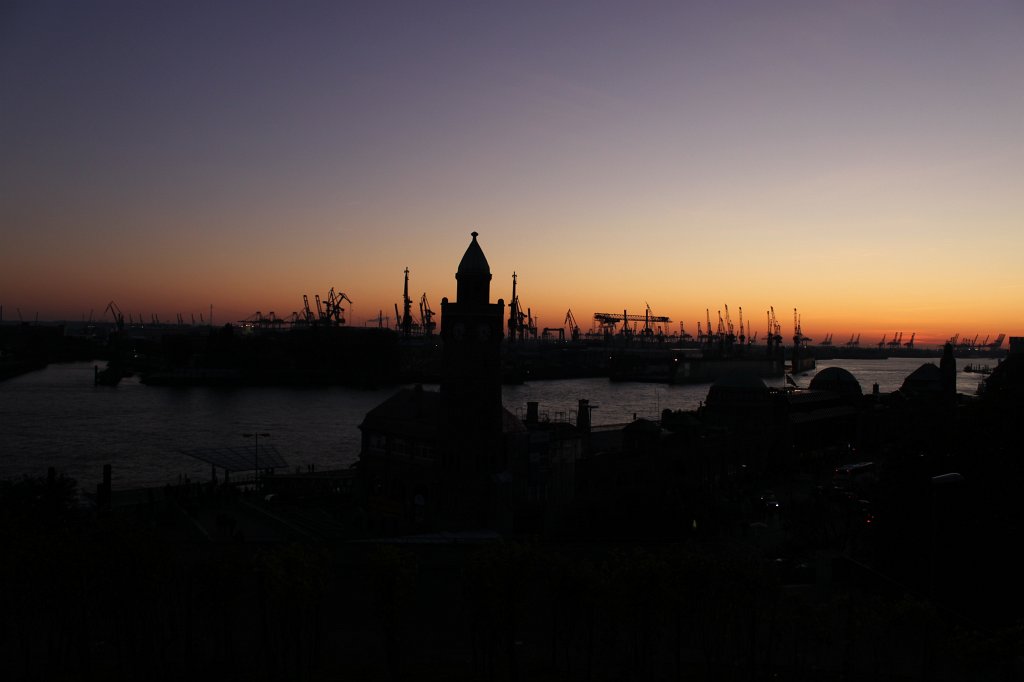 IMG_5661.JPG -  Hamburg harbour  view from at sunset. The  Landungsbrücken  silhouette in the foreground.