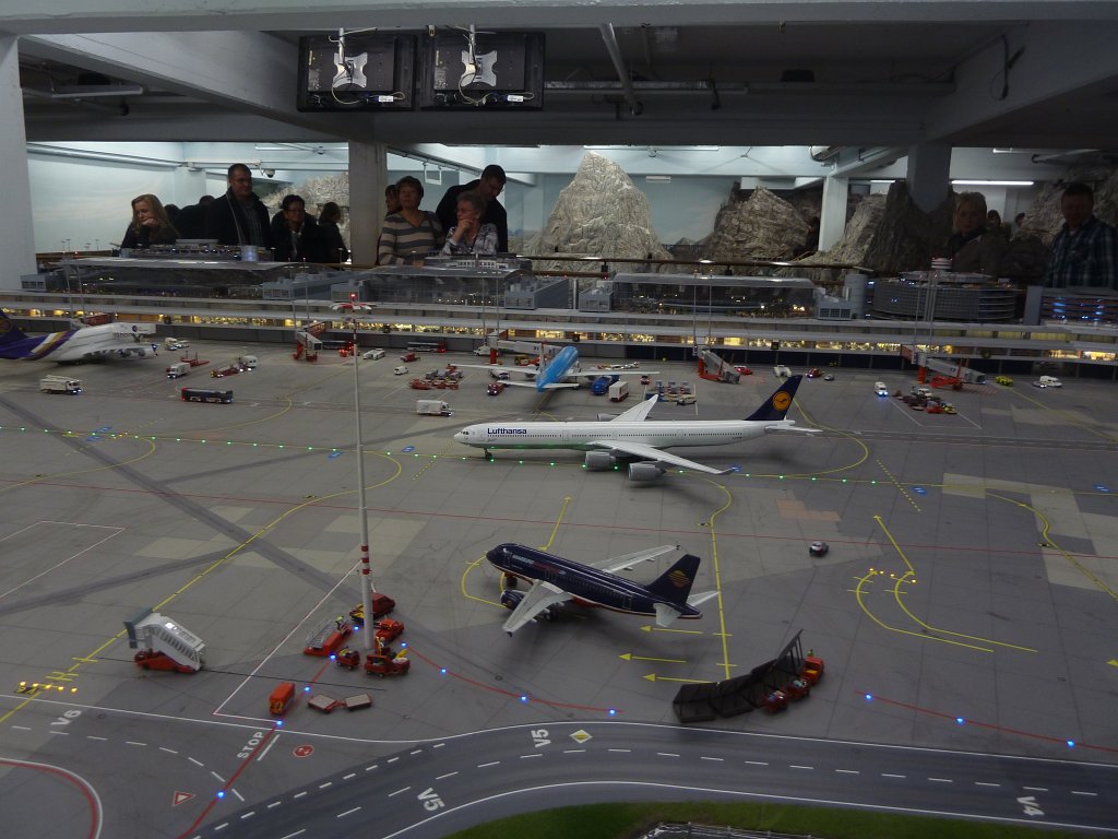 P1050343.JPG - Airport in the  Miniatur Wunderland  ( miniature wonderland ). The world largest miniature railway not only host trains but also running cars, trucks, ship and even "flying" airplanes.