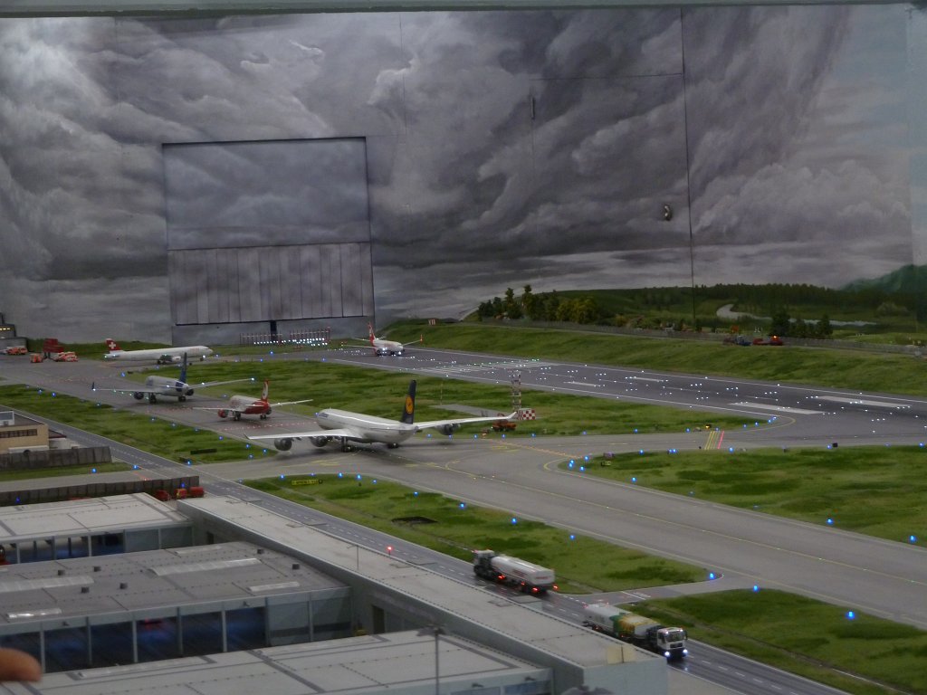 P1050352.JPG - Plane jam at the airport in the  Miniatur Wunderland  ( miniature wonderland ). The world largest miniature railway not only host trains but also running cars, trucks, ship and even "flying" airplanes.