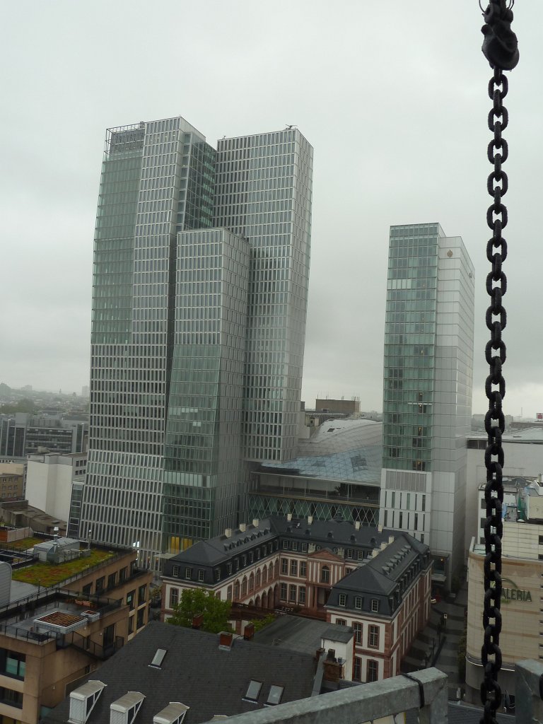 P1100107.JPG -  Palais Quartier  from tower crane at Börsenplatz during  Wolkenkratzer Festival  2013. The Palais Quartier  consist of the  Nextower ,  Palais Thurn und Taxis  (foreground),  MyZeil  mall and  Jumeirah Hotel .